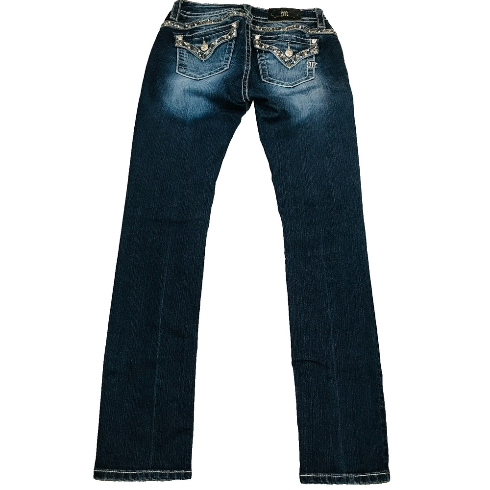 Miss Me Women's 27 Mid Rise Straight Blue Jeans Glitter Rhinestone Studs Y2K X
